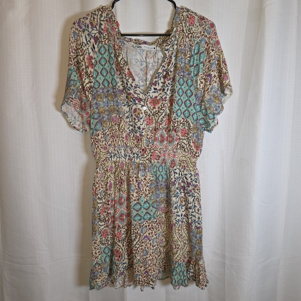 Zara Floral Mini Dress Medium V Neck A-Line Boho Flowy EUC